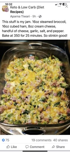 a casserole dish with ham, cheese and broccoli in it on instagram