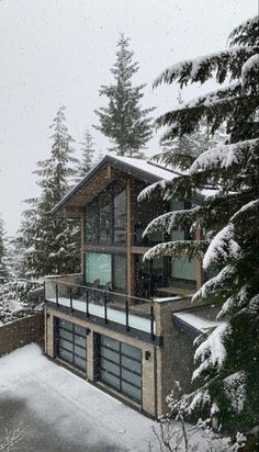 a house covered in snow next to evergreens and pine trees on a snowy day