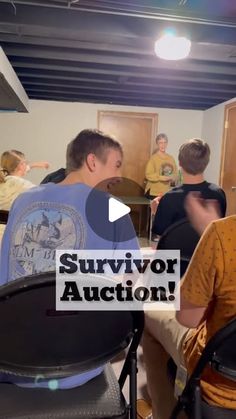 some people are sitting in chairs and talking to each other with the words survivor auction on them