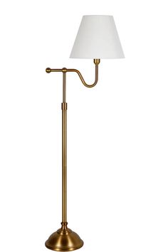 a brass lamp with a white shade on the base and a light bulb attached to it