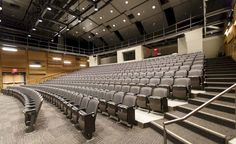 an empty auditorium with rows of seats and railings