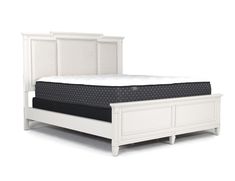 an image of a white bed frame with mattress and headboard on the bottom side