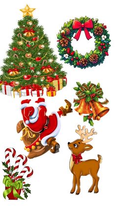 a christmas tree, presents and other holiday items are shown in this graphic design set