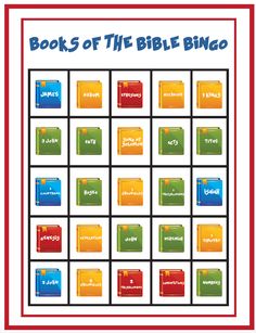 the book of the bible bingo game is shown in red, yellow and green colors