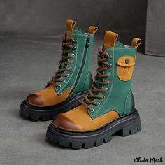 Olivia Mark - Stylish Chunky High-top Motorcycle Boots with Color Collision Retro Tube Design Leather Combat Boots Women, Solar Punk, Grunge Boots, Vibrant Outfits, 일본 패션, Dr Shoes, Winter Heels, Grunge Outfit, Retro Motorcycle