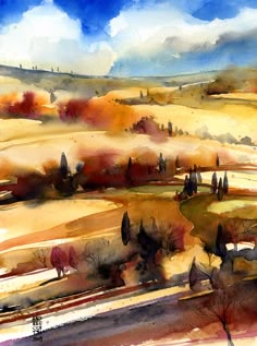 watercolor painting of an autumn landscape with trees and hills in the distance on a cloudy day