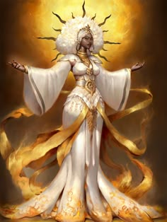 a woman dressed in white and gold with her arms spread out, standing on fire