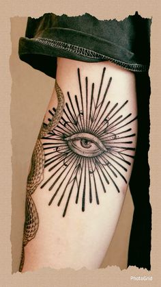 a woman's leg with an all seeing eye tattoo on the side of her thigh