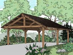 a drawing of a gazebo in the middle of a park with flowers and trees