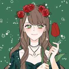 a girl with long hair and green eyes holding a red rose in her hand, while wearing