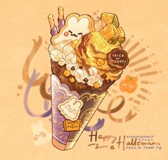 an ice cream sundae with various toppings on it's wrapper and the words happy halloween written in cursive writing