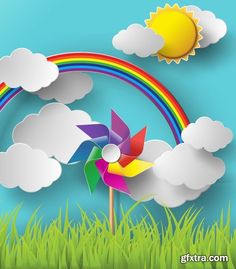 a colorful pinwheel in the grass with a rainbow and clouds behind it on a blue sky background