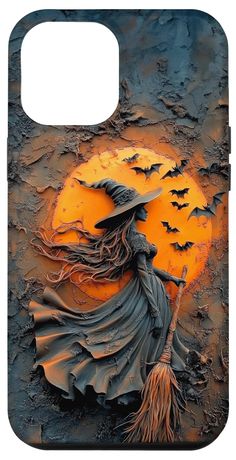 a phone case with a painting of a witch on it