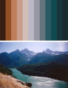 two different color palettes with mountains in the background and water on the other side