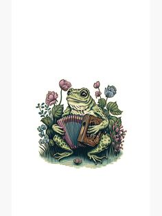 a frog sitting on the ground with an accordion in its hand and flowers around it