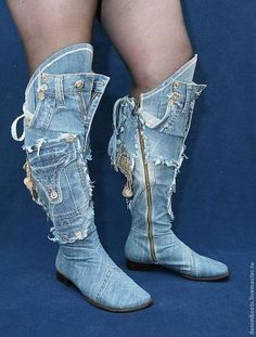 Recycled Shoes, Looks Jeans, Bota Country, Blue Jeans Crafts, Jeans Boots, Denim Wear