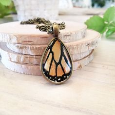 a necklace with a butterfly wing hanging from it