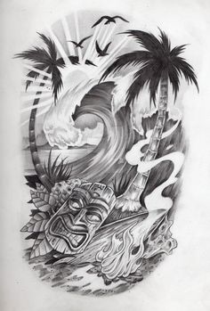 a black and white drawing of an ocean scene with palm trees, waves and ship