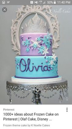 a three tiered cake decorated with snowflakes and tiara on the top