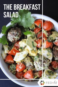 a salad with meatballs and tomatoes in it is shown on the left, and on the right