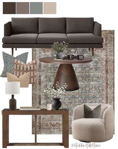 the living room is decorated in shades of gray and brown