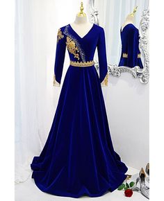 Get 10% off now! Buy vneck royal blue velvet evening dress long sleeved at cheap price online. Free stable shipping and pro custom service since 2009. Luxury Royal Dress For Festive Occasion, Luxury Royal Dress For Festive Season, Luxury Long Sleeve Medieval Dress For Costume Party, Luxury Royal Blue Designer Dress, Luxury Royal Blue Anarkali Dress, Royal Blue Velvet Dress Wedding, Luxury Royal Blue Dresses For Eid, Womens Royal Color Dress Veaul, Luxury Royal Blue Dress With Resham Embroidery