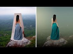 two pictures one with a woman in a blue dress and the other with a green dress