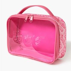 Forever 21 Barbie Transparent Makeup Bag Brand New With Tags Unopened & Unused (Sealed) Sold Out! A Makeup Bag Featuring Allover "Barbie" Text, Palm Tree Print, Dual Zip Closure, Top Handle, And Transparent Flap With Embossed "Barbie" Text. - Officially Licensed Product - Shell 1 & Lining: 100% Polyester - Shell 2: 100% Polyurethane Smoke Free & Pet Free Home Free Gift With Order Barbie Transparent, Barbie Text, Forever 21 Barbie, Prada Vintage Bag, Hot Pink Accessories, Limited Edition Barbie, Purse Trends, Barbie Sets, Forever 21 Bags