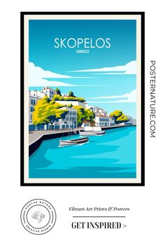 a poster with the words skopelos on it and a boat in the water