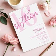 a pink birthday card with the number eighteen on it next to flowers and a cup of coffee