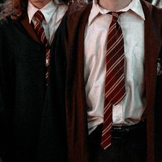 two young boys wearing harry potter outfits and ties standing next to each other in front of a crowd