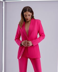 2-piece Womens Blazer Trouser Suit for office, business meetings, formal events and special occasions. Also perfectly combines with sneakers so after a long and tiring business day you can change you heels to sneakers and still look chic. DETAILS -  flared pants -  inseam 37,4 inches or 95 cm -  slim fit   -  high rise -  blazer is buttoned -  lined -  side pockets -  slim fit MATERIAL Premium quality suiting fabric, which consists of viscose mostly and polyester+elastane  SIZES The models in photos are wearing a size S Available in 4 sizes: XS= 2 US numeric BUST 32-34 inches or 82-86 cm WAIST 23-24.8 inches or 59-63 cm HIPS 33-35 inches or 86-90 cm S= 4 US numeric BUST 34-35 inches or 86-90 cm WAIST 25-26 inches or 63-67 cm HIPS 35-37 inches or 90-94 cm M = 6 US numeric BUST 35-37 inches Pink Suits For Spring Evening, Pink Spring Party Suit, Chic Pink Blazer For Business, Tailored Pink Suits For Party, Pink Long Sleeve Pantsuit For Evening, Elegant Pink Pantsuit For Party, Tailored Pink Blazer For Party, Long Sleeve Pink Blazer For Business, Pink Blazer With Suit Collar For Office