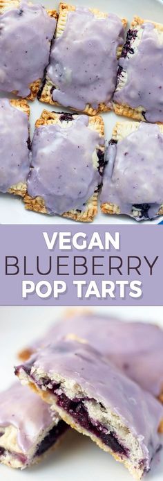 vegan blueberry pop tarts on a white plate with the text vegan blueberry pop tarts