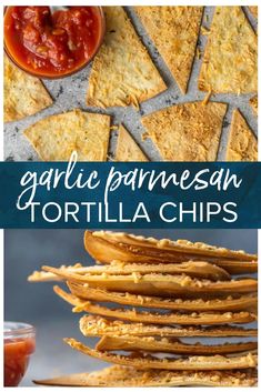 tortilla chips stacked on top of each other with salsa in the background and text overlay