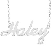 "Amanda" Laser Cut 925 Sterling Silver Name Rolo Necklace - Personalized Custom "Haley"  Laser Cut 925 Sterling Silver Name Rolo Necklace - Personalized Custom "Haley" Laser Cut 925 Sterling Silver Name Rolo Necklace - Personalized Custom Sterling Silver Personalized Name Necklace on a beautiful Rolo/Trace Chain. Personalized in Alako Font style  with Name - Haley -  Comes complete with superior mirror polish. Name Necklace details:  - Sterling Silver 925  - Personalized Name Necklace with Name: Haley  - Thickness: 1mm of solid Sterling Silver  - Chain style: Rolo/Trace Chain in solid Sterling Silver  - Length: 16 inches BRAND NEW and custom laser cut. This is USA's most popular script font Necklace and the perfect gift for any occasion. Hand made and polished in the UK out of solid 1 mm t Popular Script Fonts, Name Plate Necklace, Necklace Pendent, Necklace With Name, Silver Chain Style, Plate Necklace, Pendent Necklace, Necklace Personalized, Font Style