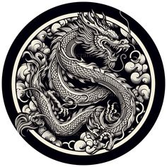 a black and white drawing of two dragon in a circular frame with clouds around it