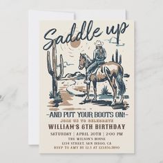 a birthday card with an image of a cowboy riding a horse and cactus in the background