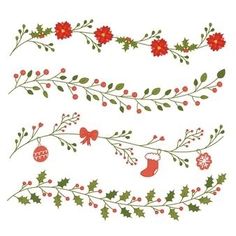 christmas decorations and holly branches with red berries on them, set of three different designs