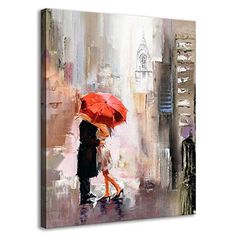 a painting of a couple kissing under an umbrella in the rain on a city street