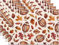 four pieces of paper with leaves and footballs on them