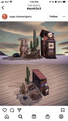 an image of a desert scene with a gas station and cactus in the foreground