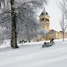 a person is sledding down a snowy hill in front of a large building