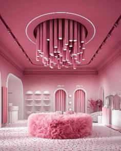 a room with pink walls and furniture in the center is a circular bed, chandelier, and round mirror