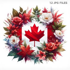 the canadian flag is surrounded by flowers and leaves on a white background with text that reads 12 jpg files