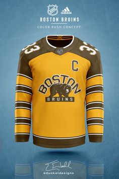 the boston college hockey jersey is shown in yellow and brown, with black lettering on it