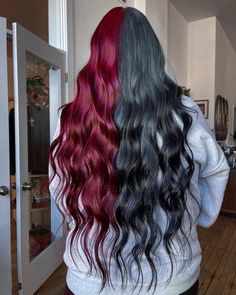 @/kayla_boyer on insta Bright Hair Colors Split Dye, Red And Gray Hair, Half And Half Dyed Hair, Silver And Red Hair, Half Black Half Red Hair, Red And Grey Hair, Grey And Red Hair, Half Red Half Black Hair, Gray And Red Hair