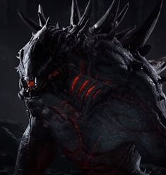 a demonic looking creature with horns and spikes on it's head, standing in the dark