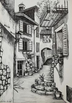 a drawing of an alleyway with flowers in pots and shutters on the windows