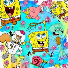 spongebob and friends are in the middle of an image with watercolors