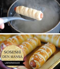 there is a hot dog being cooked in a pan with breadsticks on the side